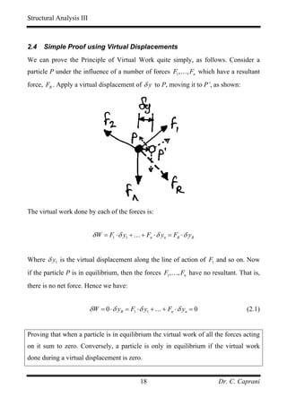Structural Analysis III



2.4   Simple Proof using Virtual Displacements
We can prove the Principle of Virtual Work quite simply, as follows. Consider a
particle P under the influence of a number of forces F1 ,K, Fn which have a resultant
force, FR . Apply a virtual displacement of δ y to P, moving it to P’, as shown:




The virtual work done by each of the forces is:


                           δ W = F1 ⋅ δ y1 + K + Fn ⋅ δ yn = FR ⋅ δ yR


Where δ y1 is the virtual displacement along the line of action of F1 and so on. Now
if the particle P is in equilibrium, then the forces F1 ,K, Fn have no resultant. That is,
there is no net force. Hence we have:


                          δ W = 0 ⋅ δ yR = F1 ⋅ δ y1 + K + Fn ⋅ δ yn = 0            (2.1)


Proving that when a particle is in equilibrium the virtual work of all the forces acting
on it sum to zero. Conversely, a particle is only in equilibrium if the virtual work
done during a virtual displacement is zero.


                                               18                          Dr. C. Caprani
 