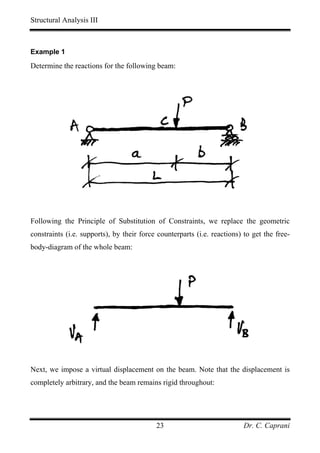 Structural Analysis III



Example 1

Determine the reactions for the following beam:




Following the Principle of Substitution of Constraints, we replace the geometric
constraints (i.e. supports), by their force counterparts (i.e. reactions) to get the free-
body-diagram of the whole beam:




Next, we impose a virtual displacement on the beam. Note that the displacement is
completely arbitrary, and the beam remains rigid throughout:




                                           23                            Dr. C. Caprani
 
