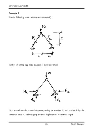 Structural Analysis III


Example 2

For the following truss, calculate the reaction VC :




Firstly, set up the free-body-diagram of the whole truss:




Next we release the constraint corresponding to reaction VC and replace it by the
unknown force VC and we apply a virtual displacement to the truss to get:



                                           26                         Dr. C. Caprani
 