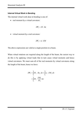 Structural Analysis III



Internal Virtual Work in Bending

The internal virtual work done in bending is one of:
   • real moment by a virtual curvature:


                                      δ WI = M ⋅ δκ


   • virtual moment by a real curvature:


                                      δ WI = κ ⋅ δ M


The above expressions are valid at a single position in a beam.


When virtual rotations are required along the length of the beam, the easiest way to
do this is by applying virtual loads that in turn cause virtual moments and hence
virtual curvatures. We must sum all of the real moments by virtual curvatures along
the length of the beam, hence we have:


                                  L                   L
                          δ WI = ∫ M x ⋅ δκ x dx = ∫ κ x ⋅ δ M x dx
                                  0                   0
                                  L
                                         δMx
                               = ∫Mx ⋅           dx
                                  0
                                          EI x




                                             31                       Dr. C. Caprani
 
