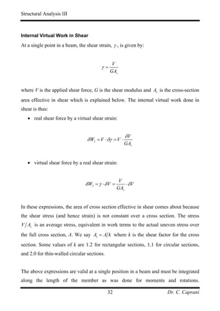 Structural Analysis III



Internal Virtual Work in Shear

At a single point in a beam, the shear strain, γ , is given by:


                                               V
                                         γ=
                                              GAv


where V is the applied shear force, G is the shear modulus and Av is the cross-section
area effective in shear which is explained below. The internal virtual work done in
shear is thus:
   • real shear force by a virtual shear strain:


                                                       δV
                                 δ WI = V ⋅ δγ = V ⋅
                                                       GAv


   • virtual shear force by a real shear strain:


                                                    V
                                δ WI = γ ⋅ δ V =       ⋅ δV
                                                   GAv


In these expressions, the area of cross section effective in shear comes about because
the shear stress (and hence strain) is not constant over a cross section. The stress
V Av is an average stress, equivalent in work terms to the actual uneven stress over
the full cross section, A. We say Av = A k where k is the shear factor for the cross
section. Some values of k are 1.2 for rectangular sections, 1.1 for circular sections,
and 2.0 for thin-walled circular sections.


The above expressions are valid at a single position in a beam and must be integrated
along the length of the member as was done for moments and rotations.

                                             32                       Dr. C. Caprani
 