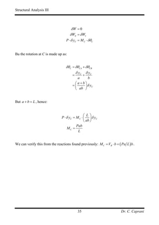 Structural Analysis III




                                       δW = 0
                                      δ WE = δ WI
                                   P ⋅ δ yC = M C ⋅ δθC


Bu the rotation at C is made up as:


                                   δθC = δθCA + δθCB
                                         δ yC δ yC
                                       =    +
                                          a     b
                                        ⎛a+b⎞
                                       =⎜     ⎟ δ yC
                                        ⎝ ab ⎠


But a + b = L , hence:


                                                 ⎛ L⎞
                                P ⋅ δ yC = M C ⋅ ⎜ ⎟ δ yC
                                                 ⎝ ab ⎠
                                           Pab
                                    MC =
                                            L


We can verify this from the reactions found previously: M C = VB ⋅ b = ( Pa L ) b .




                                           35                            Dr. C. Caprani
 
