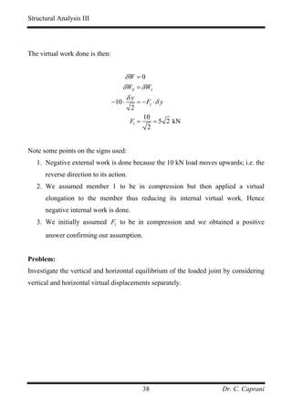 Structural Analysis III




The virtual work done is then:


                                      δW = 0
                                     δ WE = δ WI
                                      δy
                                 −10 ⋅       = − F1 ⋅ δ y
                                         2
                                                10
                                         F1 =      = 5 2 kN
                                                 2


Note some points on the signs used:
   1. Negative external work is done because the 10 kN load moves upwards; i.e. the
      reverse direction to its action.
   2. We assumed member 1 to be in compression but then applied a virtual
      elongation to the member thus reducing its internal virtual work. Hence
      negative internal work is done.
   3. We initially assumed F1 to be in compression and we obtained a positive
      answer confirming our assumption.


Problem:
Investigate the vertical and horizontal equilibrium of the loaded joint by considering
vertical and horizontal virtual displacements separately.




                                                38                    Dr. C. Caprani
 