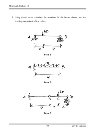 Structural Analysis III




   3. Using virtual work, calculate the reactions for the beams shown, and the
      bending moments at salient points.




                                     Beam 1




                                     Beam 2




                                     Beam 3




                                           40                   Dr. C. Caprani
 