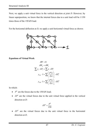Structural Analysis III


Next, we apply a unit virtual force in the vertical direction at joint D. However, by
linear superposition, we know that the internal forces due to a unit load will be 1/150
times those of the 150 kN load.


For the horizontal deflection at D, we apply a unit horizontal virtual force as shown:




Equations of Virtual Work
                                       δW = 0
                                      δ WE = δ WI
                             ∑ y ⋅δ F = ∑e ⋅δ P
                                  i      i          i   i

                                              ⎛ P0 L ⎞
                                  yDV ⋅ 1 = ∑ ⎜      ⎟ ⋅ δ Pi
                                                             1

                                              ⎝ EA ⎠i
                                               ⎛ P0 L ⎞
                                  yDH   ⋅1 = ∑ ⎜      ⎟ ⋅ δ Pi
                                                               2

                                               ⎝ EA ⎠i
In which:
   • P 0 are the forces due to the 150 kN load;
   • δ P1 are the virtual forces due to the unit virtual force applied in the vertical
      direction at D:
                                                   P0
                                         δ P1 =
                                                  150
   • δ P 2 are the virtual forces due to the unit virtual force in the horizontal
      direction at D.



                                             47                         Dr. C. Caprani
 