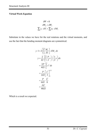 Structural Analysis III


Virtual Work Equation


                                         δW = 0
                                        δ WE = δ WI
                                 ∑ y ⋅ δ F = ∑κ
                                    i             i              i   ⋅δ Mi


Substitute in the values we have for the real rotations and the virtual moments, and
use the fact that the bending moment diagrams are symmetrical:


                                        L 2
                                        ⎡M ⎤
                            y ⋅ 1 = 2 ∫ ⎢ x ⎥ ⋅ δ M x dx
                                      0 ⎣
                                          EI ⎦
                                          L 2
                                    2             ⎛P ⎞ ⎛1 ⎞
                                 y=
                                    EI        ∫ ⎜ 2 x ⎟ ⋅ ⎜ 2 x ⎟ dx
                                              0 ⎝     ⎠ ⎝       ⎠
                                              L2
                                    2P
                                  =               ∫x
                                                       2
                                                           dx
                                    4 EI          0
                                                           L 2
                                     P ⎡ x3 ⎤
                                  =
                                    2 EI ⎢ 3 ⎥ 0
                                         ⎣ ⎦
                                     P L3
                                  =      ⋅
                                    6 EI 8
                                     PL3
                                  =
                                    48 EI


Which is a result we expected.




                                                      51                     Dr. C. Caprani
 