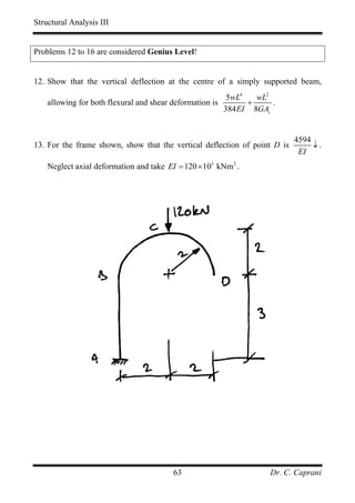 Structural Analysis III


Problems 12 to 16 are considered Genius Level!


12. Show that the vertical deflection at the centre of a simply supported beam,
                                                           5wL4   wL2
    allowing for both flexural and shear deformation is         +     .
                                                          384 EI 8GAv


                                                                           4594
13. For the frame shown, show that the vertical deflection of point D is        ↓.
                                                                            EI
    Neglect axial deformation and take EI = 120 × 103 kNm 2 .




                                         63                          Dr. C. Caprani
 