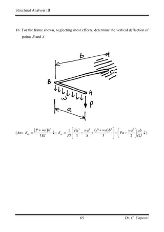 Structural Analysis III




16. For the frame shown, neglecting shear effects, determine the vertical deflection of
    points B and A.




(Ans. δ By =
             ( P + wa ) b3 ↓ ; δ =   1    ⎡ Pa 3 wa 4 ( P + wa ) b3 ⎤ ⎛
                                                +    +
                                                                               wa 2 ⎞ ab
                                Ay        ⎢                         ⎥ + ⎜ Pa +      ⎟    ↓)
                3EI                  EI   ⎣  3    8         3       ⎦ ⎝         2 ⎠ GJ




                                               65                           Dr. C. Caprani
 