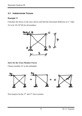 Structural Analysis III



5.3   Indeterminate Trusses

Example 11

Calculate the forces in the truss shown and find the horizontal deflection at C. Take
EA to be 10×104 kN for all members.




Solve for the Truss Member Forces
Choose member AC as the redundant:




Next analyse for the P 0 and P1 force systems.




                                         71                          Dr. C. Caprani
 