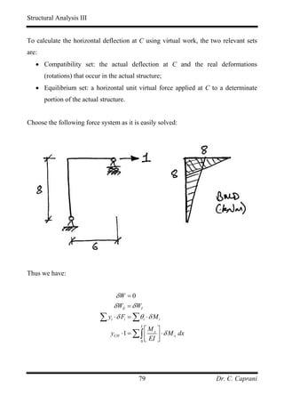 Structural Analysis III


To calculate the horizontal deflection at C using virtual work, the two relevant sets
are:
   • Compatibility set: the actual deflection at C and the real deformations
       (rotations) that occur in the actual structure;
   • Equilibrium set: a horizontal unit virtual force applied at C to a determinate
       portion of the actual structure.


Choose the following force system as it is easily solved:




Thus we have:


                                      δW = 0
                                     δ WE = δ WI
                             ∑ y ⋅ δ F = ∑θ ⋅ δ M
                                 i      i          i   i

                                               ⎡M ⎤
                                               L
                                 yCH ⋅ 1 = ∑ ∫ ⎢ x ⎥ ⋅ δ M x dx
                                             0⎣
                                                EI ⎦




                                              79                     Dr. C. Caprani
 