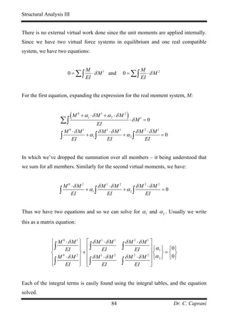 Structural Analysis III


There is no external virtual work done since the unit moments are applied internally.
Since we have two virtual force systems in equilibrium and one real compatible
system, we have two equations:


                                     M                                 M
                      0 = ∑∫            ⋅ δ M 1 and        0 = ∑∫         ⋅δ M 2
                                     EI                                EI


For the first equation, expanding the expression for the real moment system, M:


                          (M   0
                                   + α1 ⋅ δ M 1 + α 2 ⋅ δ M 2 )
                  ∑∫                EI
                                                                  ⋅δ M 1 = 0

                   M 0 ⋅δ M 1        δ M 1 ⋅δ M 1        δ M 2 ⋅δ M 1
                  ∫ EI        + α1 ∫
                                         EI
                                                  + α2 ∫
                                                             EI
                                                                      =0



In which we’ve dropped the summation over all members – it being understood that
we sum for all members. Similarly for the second virtual moments, we have:


                   M 0 ⋅δ M 2 δ M 1 ⋅δ M 2 δ M 2 ⋅δ M 2
                  ∫ EI + α1 ∫ EI + α 2 ∫ EI = 0

Thus we have two equations and so we can solve for α1 and α 2 . Usually we write
this as a matrix equation:


              ⎧ M 0 ⋅δ M 1 ⎫ ⎡ δ M 1 ⋅δ M 1                    δ M 2 ⋅δ M 1 ⎤
              ⎪∫
              ⎪     EI     ⎪ ⎢∫
                           ⎪        EI                     ∫   EI        ⎥ ⎧α1 ⎫ ⎧0 ⎫
              ⎨          2⎬
                             +⎢                                          ⎥⎨ ⎬ = ⎨ ⎬
              ⎪ M ⋅δ M ⎪ ⎢ δ M ⋅δ M
                  0                1      2
                                                           δ M 2 ⋅ δ M 2 ⎥ ⎩α 2 ⎭ ⎩0 ⎭
              ⎪∫
              ⎩     EI     ⎪ ⎣∫
                           ⎭ ⎢      EI                    ∫ EI ⎦         ⎥


Each of the integral terms is easily found using the integral tables, and the equation
solved.

                                                    84                              Dr. C. Caprani
 