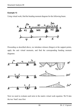 Structural Analysis III



Example 13

Using virtual work, find the bending moment diagram for the following beam:




Proceeding as described above, we introduce releases (hinges) at the support points,
apply the unit virtual moments, and find the corresponding bending moment
diagrams:




Next we need to evaluate each term in the matrix virtual work equation. We’ll take
the two ‘hard’ ones first:


                                        86                           Dr. C. Caprani
 