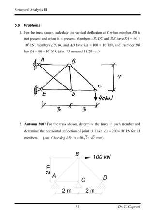 Structural Analysis III



5.6   Problems
   1. For the truss shown, calculate the vertical deflection at C when member EB is
      not present and when it is present. Members AB, DC and DE have EA = 60 ×
      103 kN; members EB, BC and AD have EA = 100 × 103 kN, and; member BD
      has EA = 80 × 103 kN. (Ans. 15 mm and 11.28 mm)




   2. Autumn 2007 For the truss shown, determine the force in each member and
      determine the horizontal deflection of joint B. Take EA = 200 × 103 kN for all
      members.     (Ans. Choosing BD: α = 50 2 ;    2 mm)



                                        B           100 kN
                     2m




                          A                               D
                                             C
                               2m                2m

                                        91                           Dr. C. Caprani
 