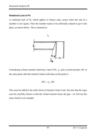 Structural Analysis III



Rotational Lack of Fit

A rotational lack of fit, which applies to frames only, occurs when the end of a
member is not square. Thus the member needs to be artificially rotated to get it into
place, as shown below. This is denoted as:


                                           λθ




Considering a frame member which has a lack of fit, λθ and a virtual moment δ M at
the same point, then the internal virtual work done at this point is:


                                     δ WI = λθ ⋅ δ M


This must be added to the other forms of internal virtual work. Not also that the signs
must be carefully chosen so that the virtual moment closes the gap – we will see this
more clearly in an example.




                                           97                           Dr. C. Caprani
 