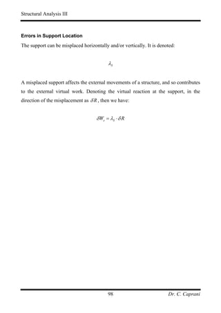 Structural Analysis III



Errors in Support Location

The support can be misplaced horizontally and/or vertically. It is denoted:


                                          λS


A misplaced support affects the external movements of a structure, and so contributes
to the external virtual work. Denoting the virtual reaction at the support, in the
direction of the misplacement as δ R , then we have:


                                    δ We = λS ⋅ δ R




                                          98                           Dr. C. Caprani
 