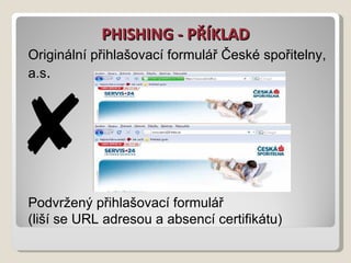 PHISHING - PŘÍKLAD Originální přihlašovací formulář České spořitelny, a.s .  Podvržený přihlašovací formulář (liší se URL adresou aabsencí certifikátu)  