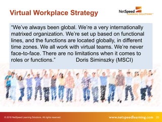 © 2016 NetSpeed Learning Solutions. All rights reserved. 25
Virtual Workplace Strategy
“We’ve always been global. We’re a very internationally
matrixed organization. We’re set up based on functional
lines, and the functions are located globally, in different
time zones. We all work with virtual teams. We’re never
face-to-face. There are no limitations when it comes to
roles or functions.” Doris Siminszky (MSCI)
 