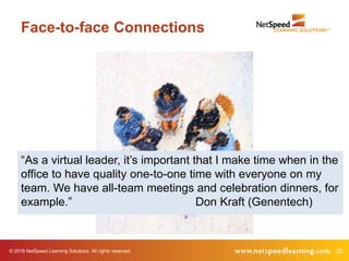 © 2016 NetSpeed Learning Solutions. All rights reserved. 28
Face-to-face Connections
“As a virtual leader, it’s important that I make time when in the
office to have quality one-to-one time with everyone on my
team. We have all-team meetings and celebration dinners, for
example.” Don Kraft (Genentech)
 