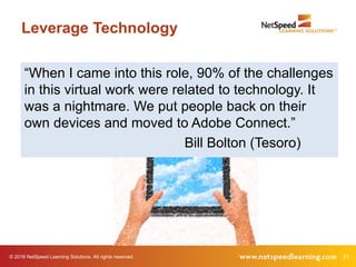 © 2016 NetSpeed Learning Solutions. All rights reserved. 31
Leverage Technology
“When I came into this role, 90% of the challenges
in this virtual work were related to technology. It
was a nightmare. We put people back on their
own devices and moved to Adobe Connect.”
Bill Bolton (Tesoro)
 