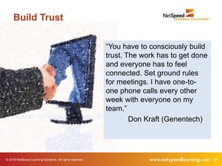 © 2016 NetSpeed Learning Solutions. All rights reserved. 37
Build Trust
“You have to consciously build
trust. The work has to get done
and everyone has to feel
connected. Set ground rules
for meetings. I have one-to-
one phone calls every other
week with everyone on my
team.”
Don Kraft (Genentech)
 