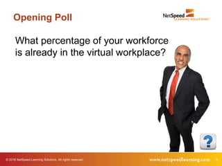 © 2016 NetSpeed Learning Solutions. All rights reserved. 4
Opening Poll
What percentage of your workforce
is already in the virtual workplace?
 