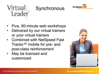 45© 2016 NetSpeed Learning Solutions. All rights reserved.
• Five, 90-minute web workshops
• Delivered by our virtual trainers
or your virtual trainers
• Combined with NetSpeed Fast
Tracks™ mobile for pre- and
post-class reinforcement
• May be licensed and
customized
Synchronous
 