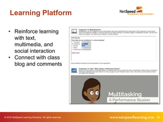 46© 2016 NetSpeed Learning Solutions. All rights reserved.
Learning Platform
• Reinforce learning
with text,
multimedia, and
social interaction
• Connect with class
blog and comments
 