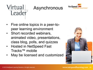 49© 2016 NetSpeed Learning Solutions. All rights reserved.
• Five online topics in a peer-to-
peer learning environment
• Short recorded webinars,
animated video, presentations,
class blog, polls, and quizzes
• Hosted in NetSpeed Fast
Tracks™ mobile
• May be licensed and customized
Asynchronous
 