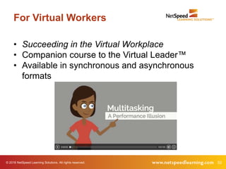 52© 2016 NetSpeed Learning Solutions. All rights reserved.
For Virtual Workers
• Succeeding in the Virtual Workplace
• Companion course to the Virtual Leader™
• Available in synchronous and asynchronous
formats
 
