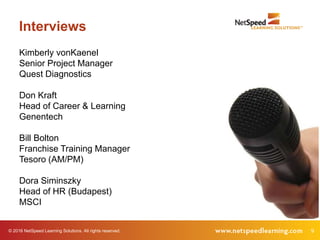 © 2016 NetSpeed Learning Solutions. All rights reserved. 9
Interviews
Kimberly vonKaenel
Senior Project Manager
Quest Diagnostics
Don Kraft
Head of Career & Learning
Genentech
Bill Bolton
Franchise Training Manager
Tesoro (AM/PM)
Dora Siminszky
Head of HR (Budapest)
MSCI
 