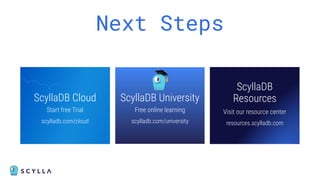 Next Steps
ScyllaDB Cloud
Start free Trial
scylladb.com/cloud
ScyllaDB University
Free online learning
scylladb.com/university
ScyllaDB
Resources
Visit our resource center
resources.scylladb.com
 