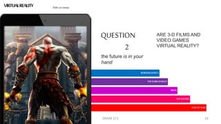 BORDERLANDS2
THEDARK KNIGHT
TRON
THEMATRIX
GODOF WAR
June 21, 2014 DRAM 571 19
VIRTUALREALITY Take us away
the future is in your
hand
QUESTION
2
ARE 3-D FILMS AND
VIDEO GAMES
VIRTUAL REALITY?
 