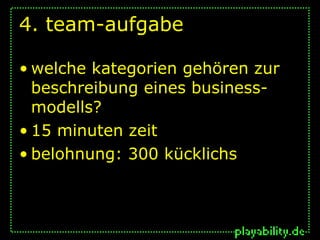 4. team-aufgabe

• welche kategorien gehören zur
  beschreibung eines business-
  modells?
• 15 minuten zeit
• belohnung: 300 kücklichs
 