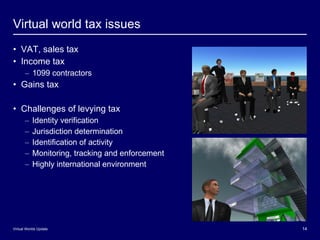 Virtual world tax issues <ul><ul><li>VAT, sales tax </li></ul></ul><ul><ul><li>Income tax </li></ul></ul><ul><ul><ul><li>1...