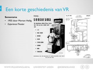 Een korte geschiedenis vanVR
Sensorama
• 1955 door Morton Heilig
• ExperienceTheater
WWW.VRLEARNINGLAB.NL UNIVERSITEIT LEI...