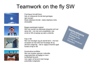 Teamwork on the fly SW
Fremhæve formål/Vision
Selv et indlysende formål skal gentages
igen og igen
Desto stærkere formål – desto stærkere indre
drivkræfter
Bygge psykologisk tryghed
Når man samler de stærkeste eksperter på hver
deres felt – må man som projektleder vise
at det er OK at spørge og være uvidende.

Fejl er OK
Når man bevæger sig på ukendt land – må man
acceptere at man ikke kan forudsige alt og
dermed undgå fejl - det er vigtigt at teamet også
forstår at fejl er OK
Konstruktive konflikter
Når man krydser grænser, kulturelle,
organisatoriske og faglige er man i
konfliktfyldt farvand
men også i et farvand med mange
potentielle muligheder

 