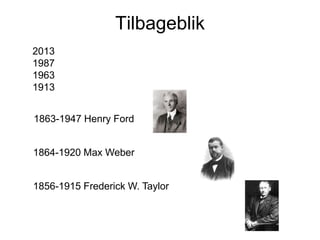Tilbageblik
2013
1987
1963
1913
1863-1947 Henry Ford

1864-1920 Max Weber
1856-1915 Frederick W. Taylor

 