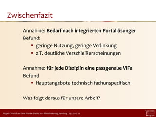 Zwischenfazit
                      Annahme: Bedarf nach integrierten Portallösungen
                      Befund:
                          geringe Nutzung, geringe Verlinkung
                          z.T. deutliche Verschleißerscheinungen

                      Annahme: für jede Disziplin eine passgenaue ViFa
                      Befund
                          Hauptangebote technisch fachunspezifisch

                      Was folgt daraus für unsere Arbeit?

Jürgen Christof und Jens Wonke-Stehle | 101. Bibliothekartag, Hamburg | 23.5.2012 | 12
 
