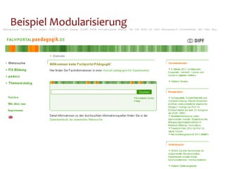 Beispiel Modularisierung




Jürgen Christof und Jens Wonke-Stehle | 101. Bibliothekartag, Hamburg | 23.5.2012 | 17
 