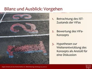 Bilanz und Ausblick: Vorgehen

                                                                                          1. Betrachtung des IST-
                                                                                             Zustands der ViFas

                                                                                          2. Bewertung des ViFa-
                                                                                             Konzepts

                                                                                          3. Hypothesen zur
                                                                                             Weiterentwicklung des
                                                                                             Konzepts als Anstoß für
                                                                                             eine Diskussion

CC-BY 2.0 Vitamin C9000

  Jürgen Christof und Jens Wonke-Stehle | 101. Bibliothekartag, Hamburg | 23.5.2012 | 2
 