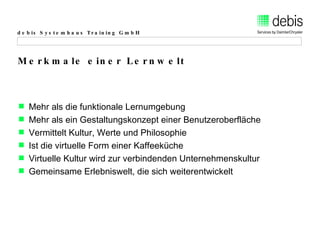 Merkmale einer Lernwelt Mehr als die funktionale Lernumgebung Mehr als ein Gestaltungskonzept einer Benutzeroberfläche Vermittelt Kultur, Werte und Philosophie Ist die virtuelle Form einer Kaffeeküche Virtuelle Kultur wird zur verbindenden Unternehmenskultur Gemeinsame Erlebniswelt, die sich weiterentwickelt 