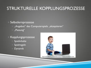 STRUKTURELLE KOPPLUNGSPROZESSE
Selbstlernprozesse
 „Angebot“ des Computerspiels „akzeptieren“
 „Passung“
Kopplungsprozesse
 Spielinhalte
 Spielregeln
 Dynamik
http://www.hallo-frau.de/technik/computer/kinder-am-computer.html
 