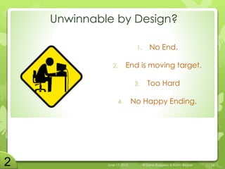 Unwinnable by Design?
1. No End.
2. End is moving target.
3. Too Hard
4. No Happy Ending.
June 17, 2015 © Dana Ruggiero & Katrin Becker 16
 