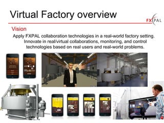 Virtual Factory overview
Vision
Apply FXPAL collaboration technologies in a real-world factory setting.
     Innovate in real/virtual collaborations, monitoring, and control
      technologies based on real users and real-world problems.
 