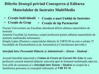 Creaţie Individuală Creaţie de Grup  Diferite  Strategii  privind Conceperea şi Editarea Materialelor de Instruire MultiMedia   Creaţie a unei  Unit ăţi de Instruire Creaţie de tip Parteneriat  