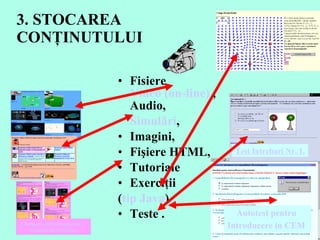 Fisiere  Video (on-line)  , Audio,  Simulări ,  Imagini,  Fişiere HTML,  Tutoriale Exerciţii  ( tip Java ) Teste . 3. STOCAREA CONŢINUTULUI Autotest pentru  Introducere in CEM   Test Intrebari Nr. 1. C â mpuri   electromagnetice  :  Conditii de frontiera 