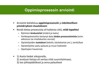 Arviointi kohdistuu  oppimisprosessiin  ja  käsitteellisen ymmärryksen muutokseen Kerää tietoa prosessista eli kaikesta siitä,  mitä tapahtui Ryhmien  keskustelut   (määrä ja laatu) Verkkopalveluihin kertynyt data  tiedon prosessoinnista  (esim. wikisivun tai miellekartan versiot) Opiskelijoiden  tuotokset  (tekstit, käsitekartat ym.), tentti/koe Opiskelijoilta saatu palaute ja muut lisätiedot Opettajien havainnot 1) Aseta tiedot aikajanalle, 2) analysoi tietoja eli vertaa niitä suunnitelmaasi,  3) tee johtopäätökset ja anna palautteet Oppimisprosessin arviointi 