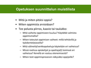 Mitä ja miten pitäisi oppia? Miten oppimista arvioidaan? Tee polusta piirros, kaavio tai taulukko: Mitä vaiheita oppimiseen kuuluu? Käytätkö valmista oppimismallia?  Miten toteutat oppimisen vaiheet: millä tehtävillä ja työskentelytavoilla? Mitä välineitä/verkkopalveluja käytetään eri vaiheissa? Missä roolissa opiskelijat ja opettaja(t) toimivat eri vaiheissa? Kenellä on vastuu etenemisestä? Miten teet oppimisprosessin näkyväksi oppijoille? Opetuksen suunnittelun muistilista 