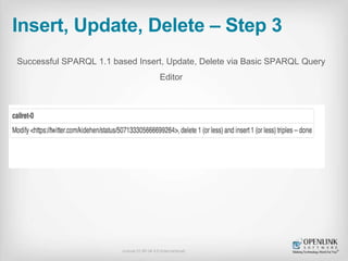 Insert, Update, Delete – Step 2
SPARQL 1.1 based Insert, Update, Delete via Basic SPARQL Query Editor
License CC-BY-SA 4.0...