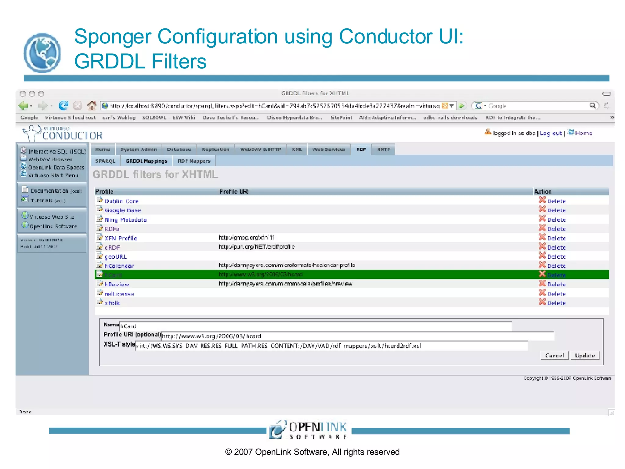 Sponger Configuration using Conductor UI: GRDDL Filters 